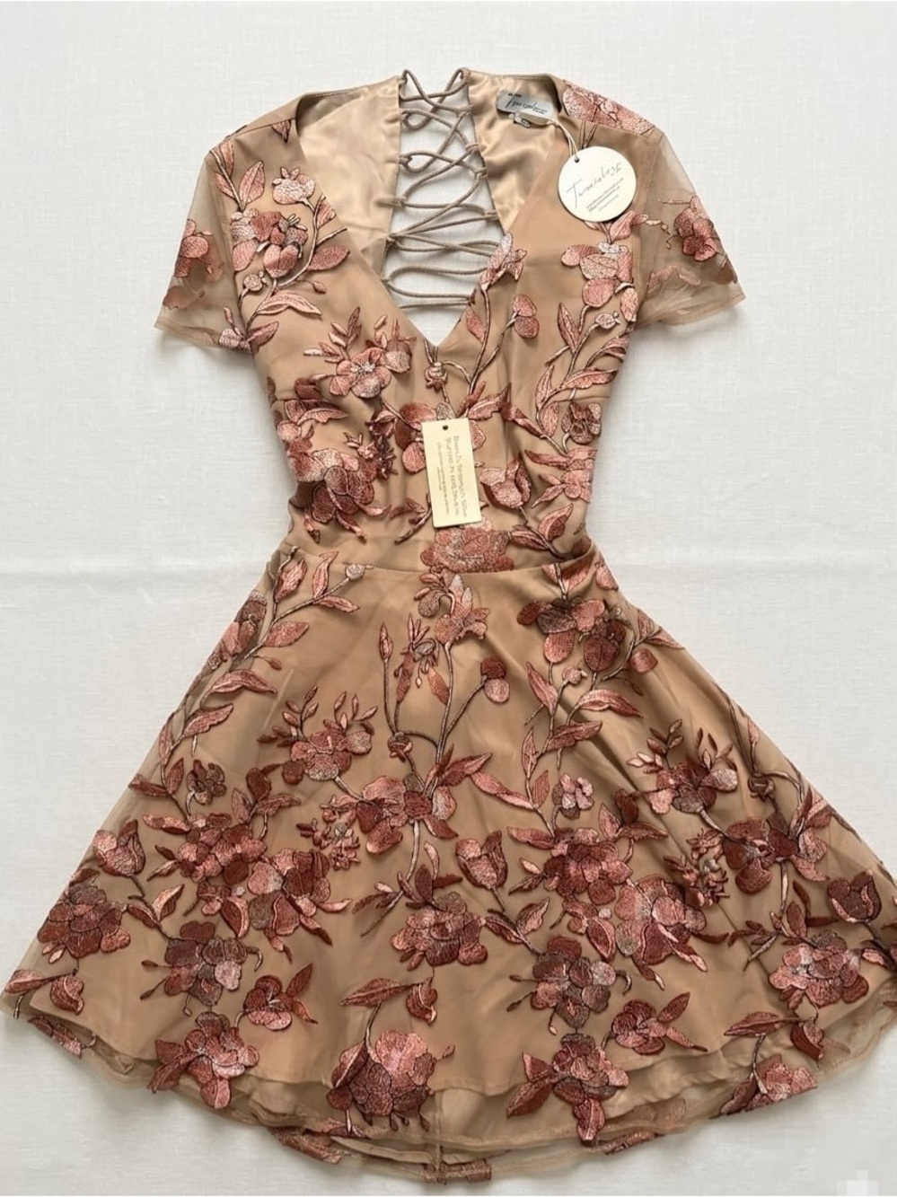 Lace-Up Floral Embroidered Mini Dress in Blush